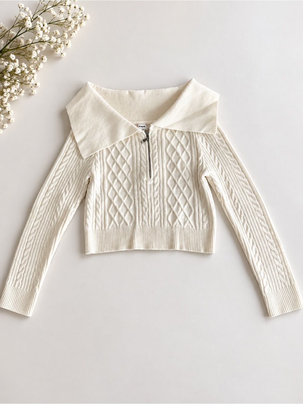 Cotton On Cream Cable-Knit Zip Collar Sweater